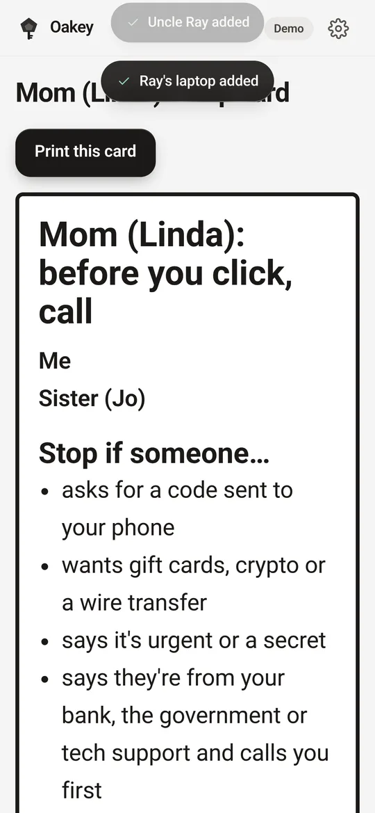 Help card for Mom: before you click, call. Lists who to call and the warning signs.