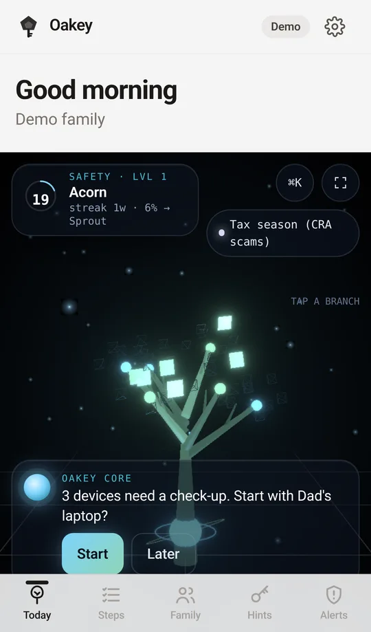 Today screen: the glowing oak tree with safety level and the Oakey core suggesting the next check-up.