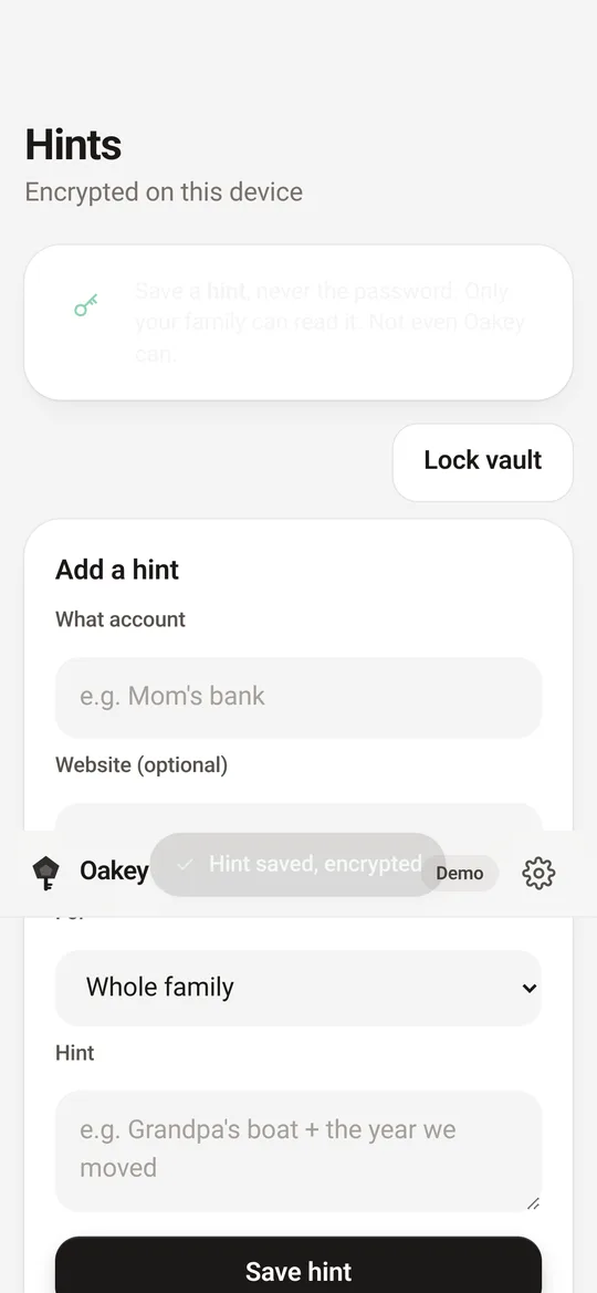 Hints vault: add a hint for an account, encrypted on this device.